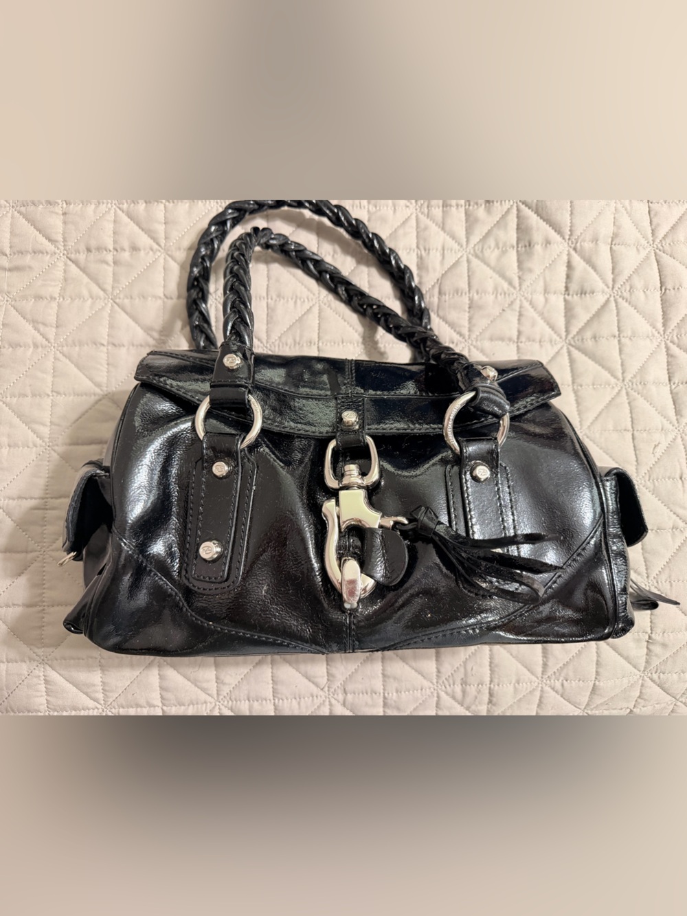 Francesco Biasia Black Patent Leather Braided-Handle Satchel - Picture 7 of 16